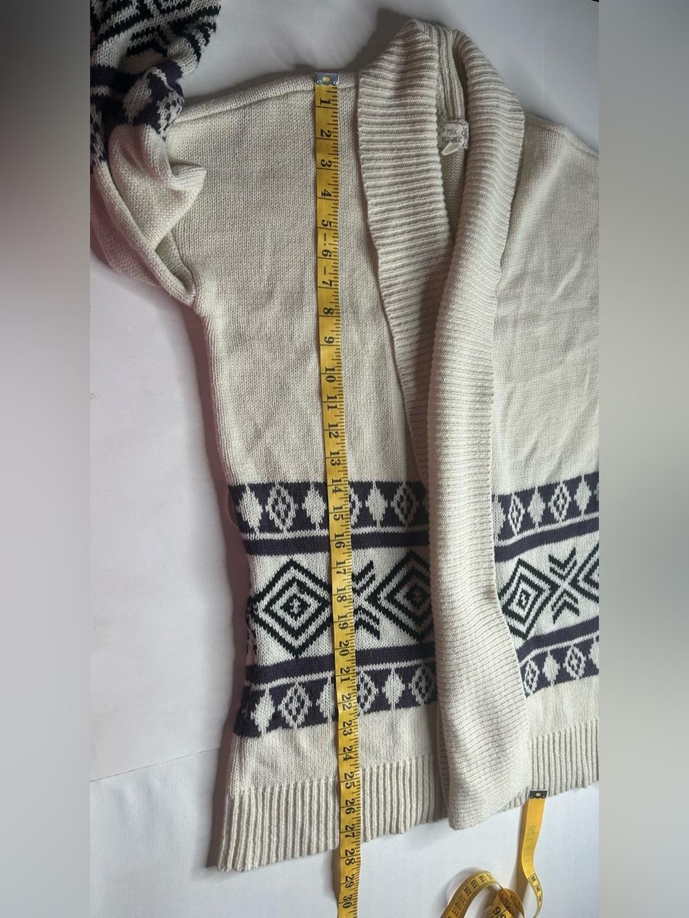 Pink Republic Ivory Open-Front Faire Isle Cardigan Geometric Trim Sz M Boho Cozy - Picture 9 of 9